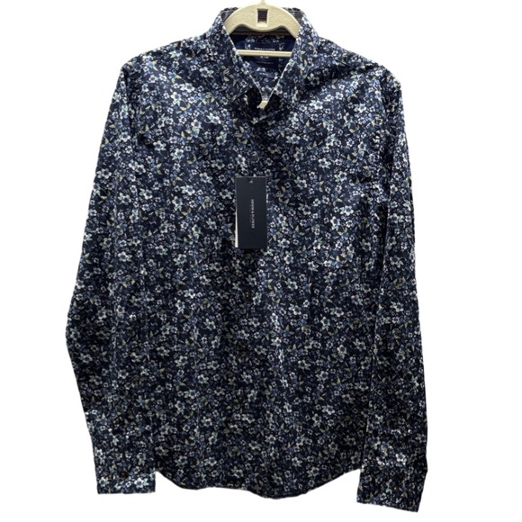 Denim and Flower NWT Navy Blue Floral Printed Poplin Slim Fit Button Down Shirt - Picture 2 of 10